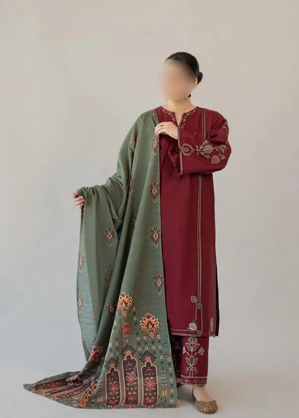 Maroon Embroidered Women's 3Pcs Lawn Suit Set