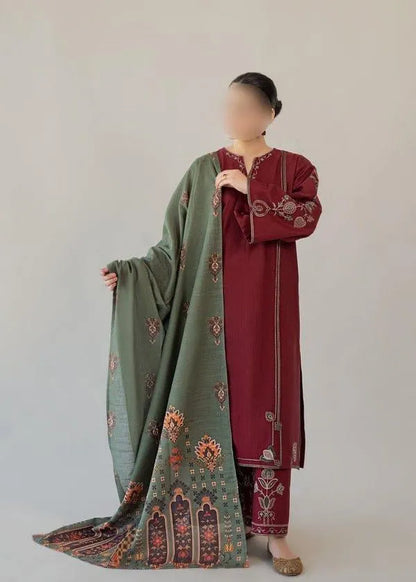 Maroon Embroidered Women's 3Pcs Lawn Suit Set
