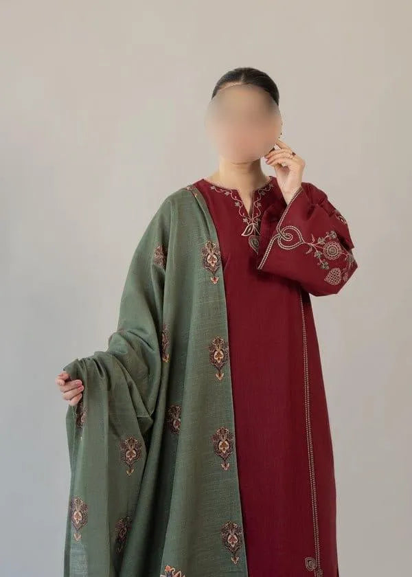 Maroon Embroidered Women's 3Pcs Lawn Suit Set