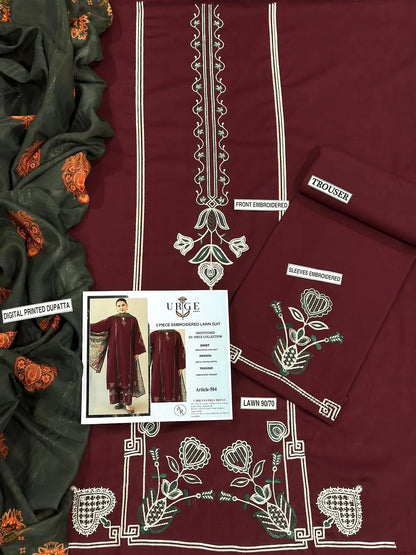 Maroon Embroidered Women's 3Pcs Lawn Suit Set