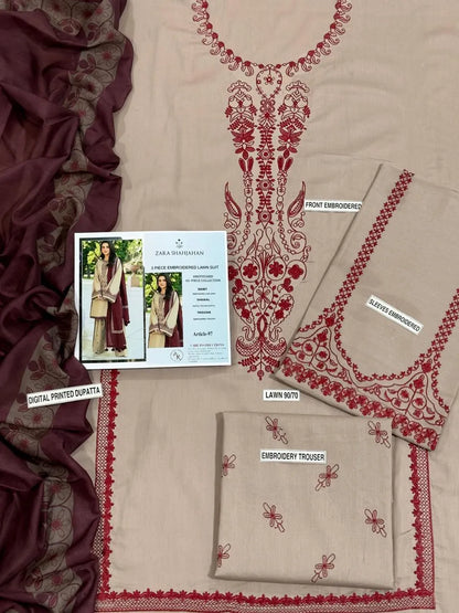 Ivory Embroidered Women's 3Pcs Lawn Suit Set
