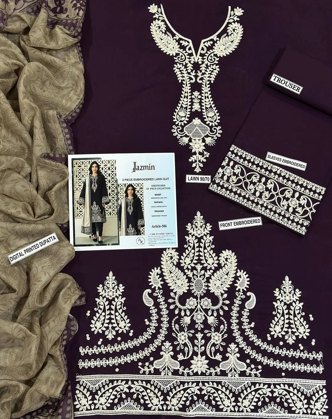 Green Embroidered Women's 3Pcs Lawn Suit Set for Eid Party Wear