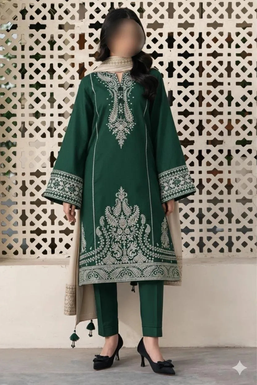 Green Embroidered Women's 3Pcs Lawn Suit Set for Eid Party Wear
