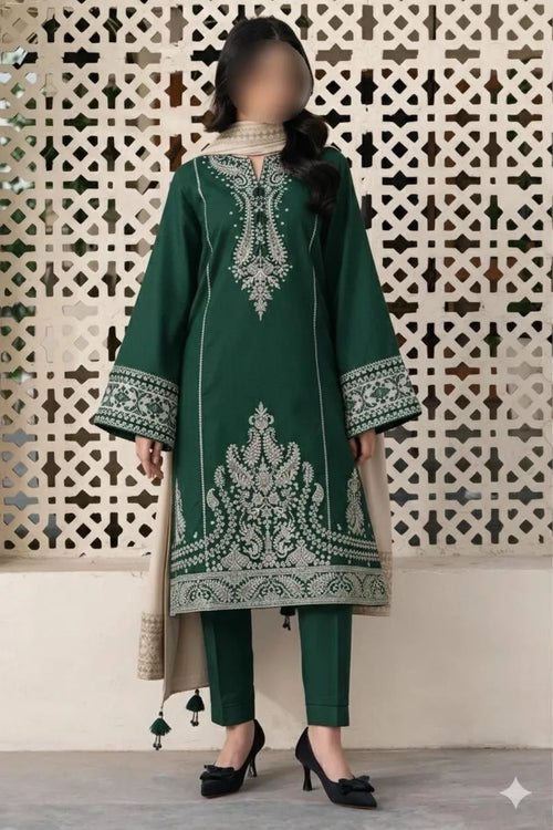 Green Embroidered Women's 3Pcs Lawn Suit Set for Eid Party Wear