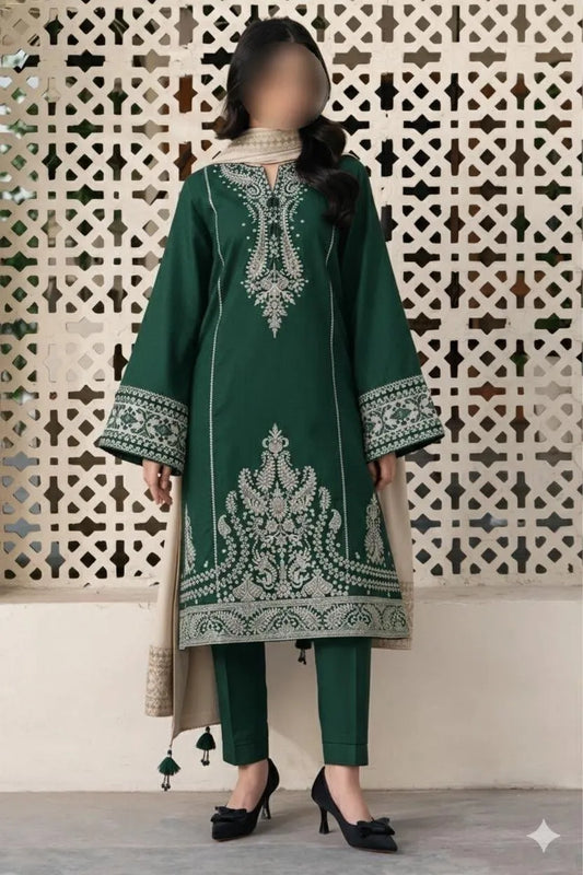 Green Embroidered Women's 3Pcs Lawn Suit Set for Eid Party Wear