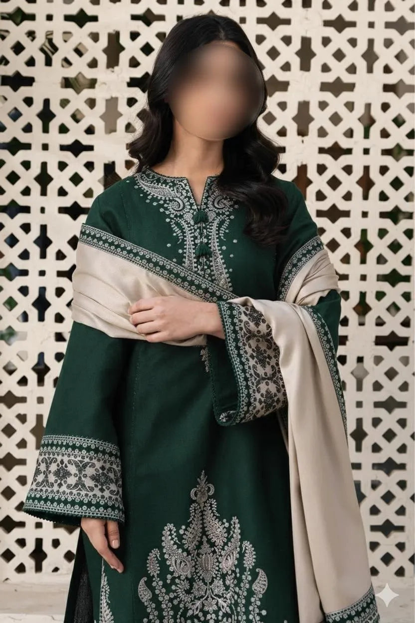 Green Embroidered Women's 3Pcs Lawn Suit Set for Eid Party Wear