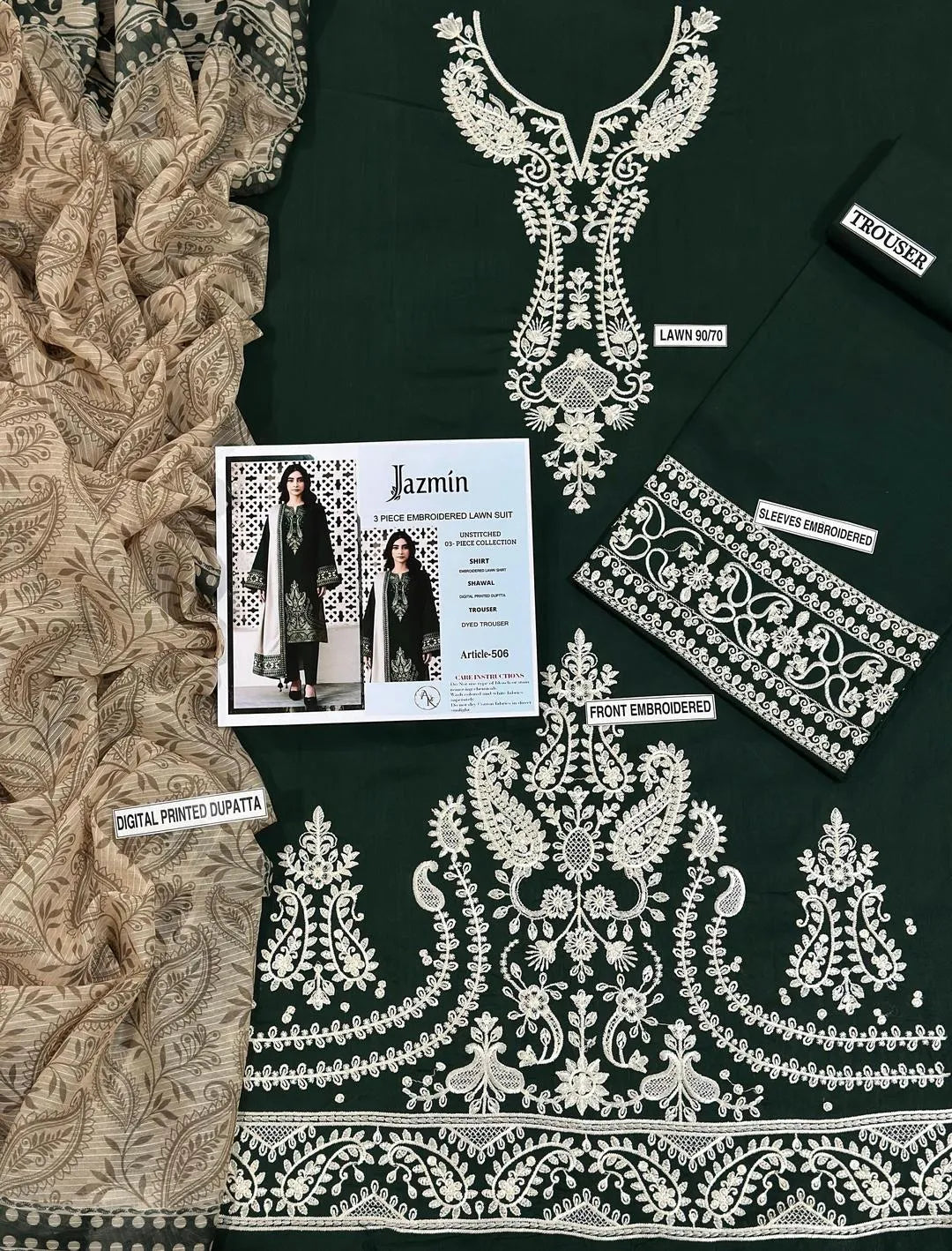 Green Embroidered Women's 3Pcs Lawn Suit Set for Eid Party Wear