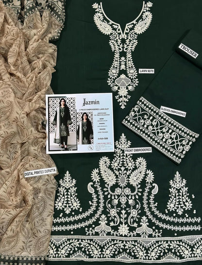 Green Embroidered Women's 3Pcs Lawn Suit Set for Eid Party Wear