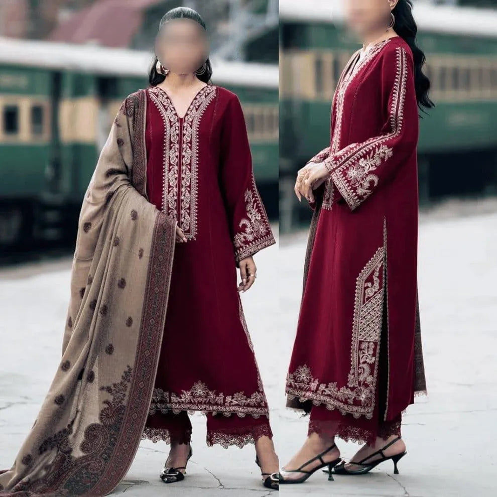 Maroon Embroidered Women's 3Pcs Lawn Suit Set