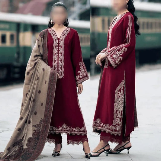 Maroon Embroidered Women's 3Pcs Lawn Suit Set