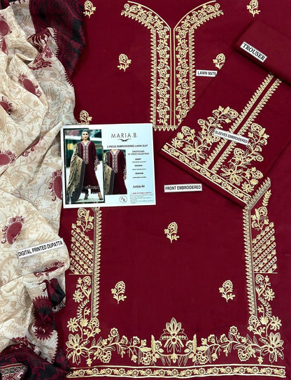 Maroon Embroidered Women's 3Pcs Lawn Suit Set