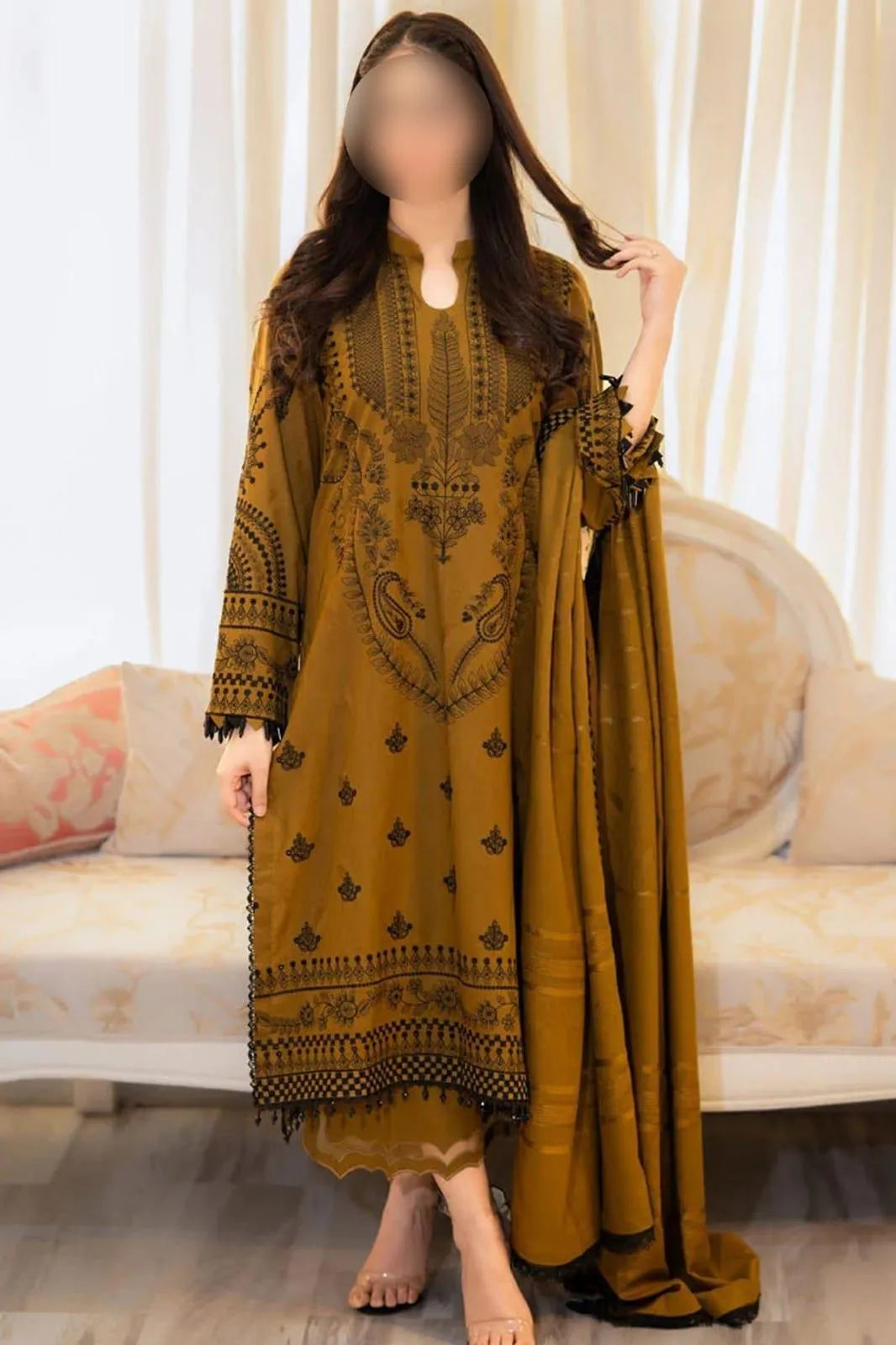 Women's Embroidered Lawn Suit Mustard 3 Pcs Set