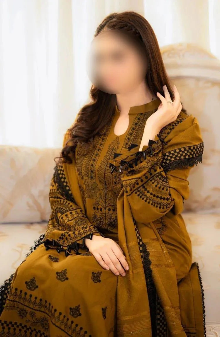 Women's Embroidered Lawn Suit Mustard 3 Pcs Set