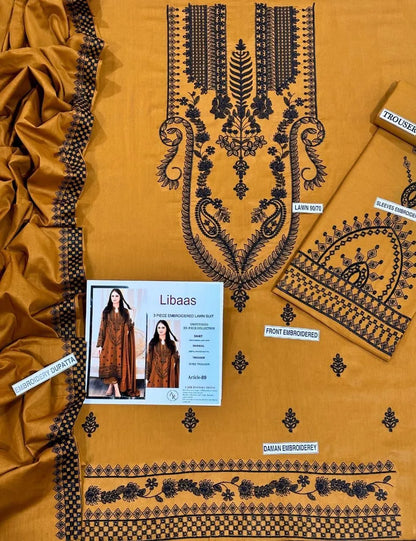Women's Embroidered Lawn Suit Mustard 3 Pcs Set
