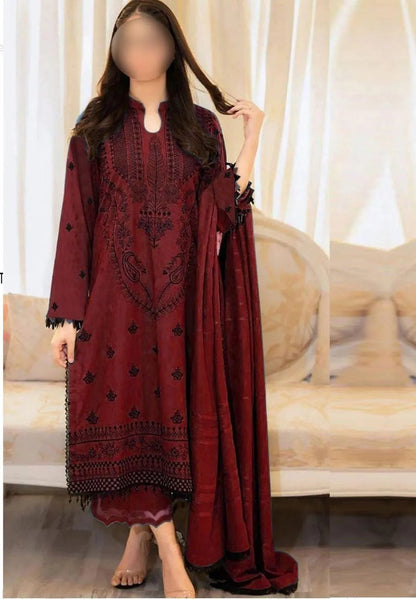 Maroon Embroidered Women's Lawn Suit 3 Pcs Eid Festive Wear