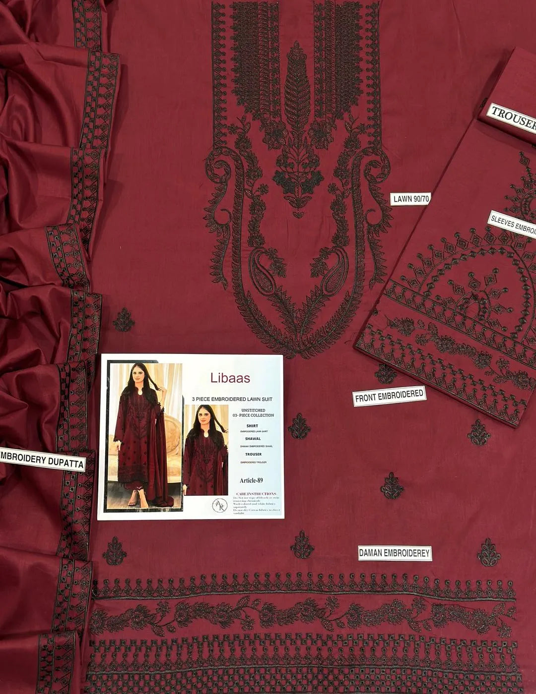 Maroon Embroidered Women's Lawn Suit 3 Pcs Eid Festive Wear