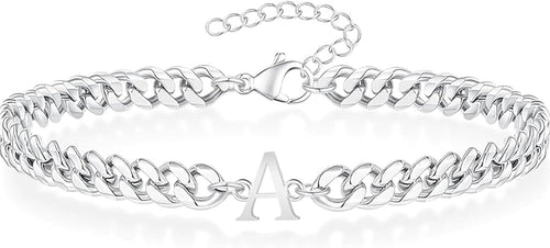 TAGOMEI Stocking Stuffers for Mens Silver Initial Bracelets for Men Stainless Steel Cuban Link Matching Couple Bracelets Gifts for Boyfriend Him Birthday Christmas Jewelry Gifts A-Z Letter Bracelet