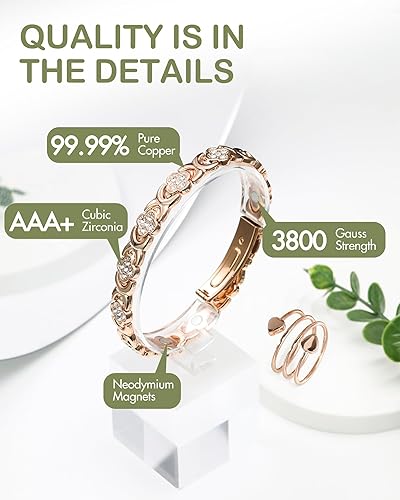 Feraco Pure Copper Bracelets & Rings for Women, Ultra Strength Magnetic Bracelet for Women with Neodymium Magnets & Sparkling Cubic Zirconia, Adjustable, Infinite Clover Jewelry