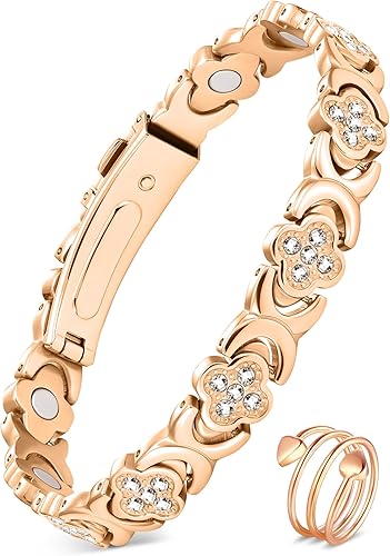 Feraco Pure Copper Bracelets & Rings for Women, Ultra Strength Magnetic Bracelet for Women with Neodymium Magnets & Sparkling Cubic Zirconia, Adjustable, Infinite Clover Jewelry