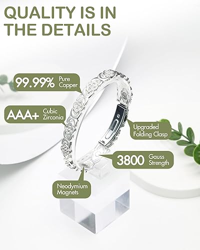 Feraco Pure Copper Bracelets for Women, Ultra Strength Magnetic Therapy Bracelet for Pain Relief with Neodymium Magnets & Sparkling Cubic Zirconia, Adjustable, Infinite Clover Jewelry