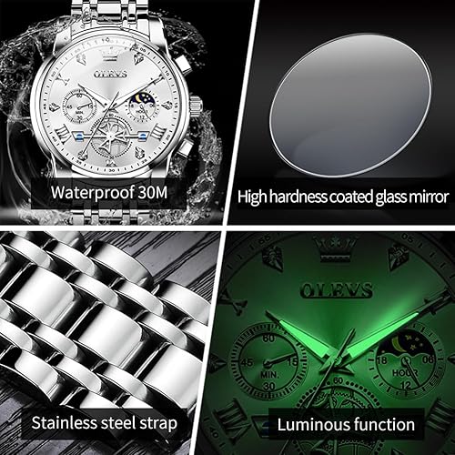 OLEVS Men Silver Watches,Men's Stainless Steel Chronograph Watch,Man Analog Quartz Big Face Male Watches Luxury Waterproof Roman Numeral Dress Diamond Relojes para Hombre