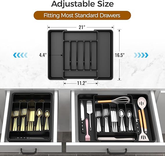 Extra Large Expandable Silverware Organizer, BPA-Free Food-Safe Cutlery Flatware Organizer, Kitchen Utensil Drawer Organizer, Adjustable Silverware Holder for Spoons Forks Knives, Black