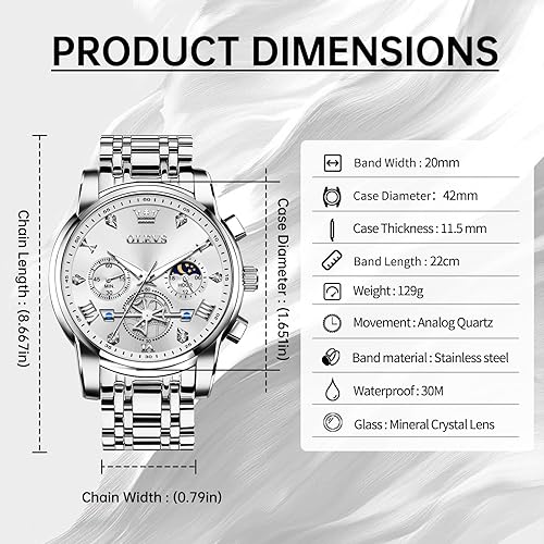 OLEVS Men Silver Watches,Men's Stainless Steel Chronograph Watch,Man Analog Quartz Big Face Male Watches Luxury Waterproof Roman Numeral Dress Diamond Relojes para Hombre