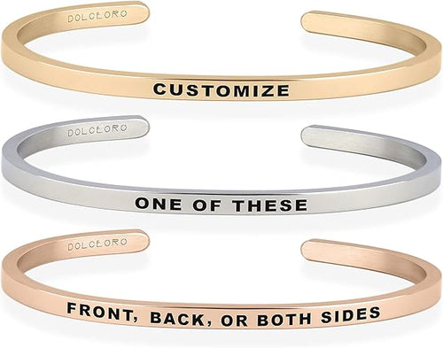 Dolceoro Personalized Inspirational Mantra Cuff Bracelet Jewelry, 3mm Wide Shiny 316L Surgical Stainless Steel