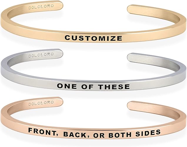 Dolceoro Personalized Inspirational Mantra Cuff Bracelet Jewelry, 3mm Wide Shiny 316L Surgical Stainless Steel