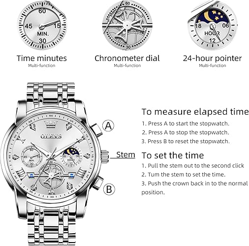 OLEVS Men Silver Watches,Men's Stainless Steel Chronograph Watch,Man Analog Quartz Big Face Male Watches Luxury Waterproof Roman Numeral Dress Diamond Relojes para Hombre