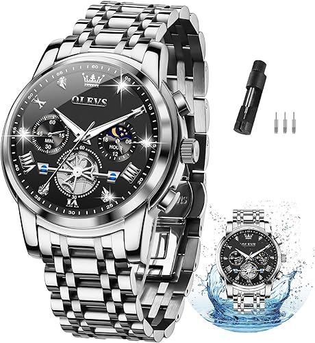 OLEVS Men Silver Watches,Men's Stainless Steel Chronograph Watch,Man Analog Quartz Big Face Male Watches Luxury Waterproof Roman Numeral Dress Diamond Relojes para Hombre