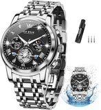 OLEVS Men Silver Watches,Men's Stainless Steel Chronograph Watch,Man Analog Quartz Big Face Male Watches Luxury Waterproof Roman Numeral Dress Diamond Relojes para Hombre