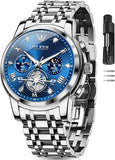 OLEVS Men Silver Watches,Men's Stainless Steel Chronograph Watch,Man Analog Quartz Big Face Male Watches Luxury Waterproof Roman Numeral Dress Diamond Relojes para Hombre