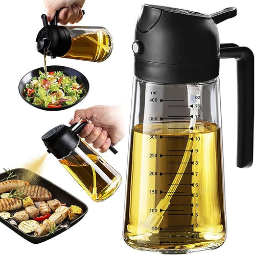 TrendPlain 16oz/470ml Glass Olive Oil Sprayer for Cooking – 2 in 1 Olive Oil Dispenser Bottle for Kitchen Gadgets and Air Fryer Accessories, Salad, BBQ - Black