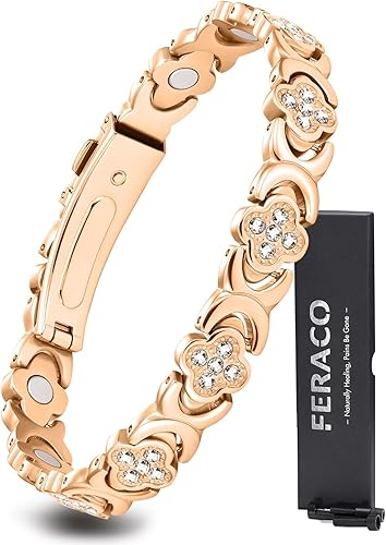 Feraco Pure Copper Bracelets for Women, Ultra Strength Magnetic Therapy Bracelet for Pain Relief with Neodymium Magnets & Sparkling Cubic Zirconia, Adjustable, Infinite Clover Jewelry