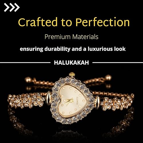 Halukakah Kids' Sparkling Diamond Watch - 18k Real Gold/Rose Gold/Platinum Plated - Heart Dial - Quartz Adjustable Stainless Steel Wristwatch - Suitable for Girls and Boys