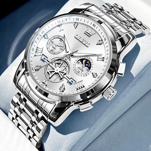 OLEVS Men Silver Watches,Men's Stainless Steel Chronograph Watch,Man Analog Quartz Big Face Male Watches Luxury Waterproof Roman Numeral Dress Diamond Relojes para Hombre