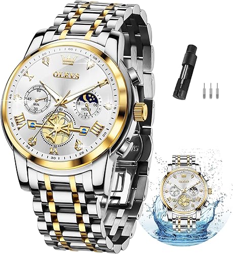 OLEVS Men Silver Watches,Men's Stainless Steel Chronograph Watch,Man Analog Quartz Big Face Male Watches Luxury Waterproof Roman Numeral Dress Diamond Relojes para Hombre
