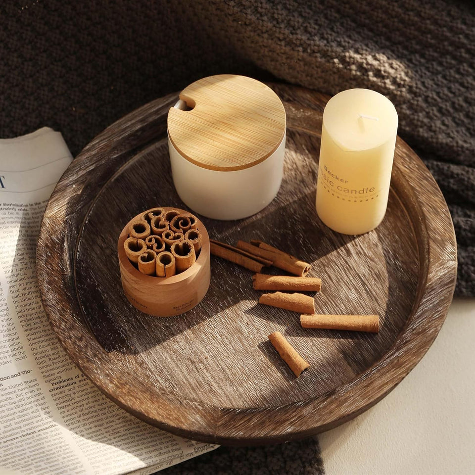 Hanobe Candle Plate Holder Tray: Round Wood Decorative Candle Plate Decor Farmhouse Table Centerpiece Rustic Wood Tealight Pillar Trays for Christmas Wedding Halloween Home Decor