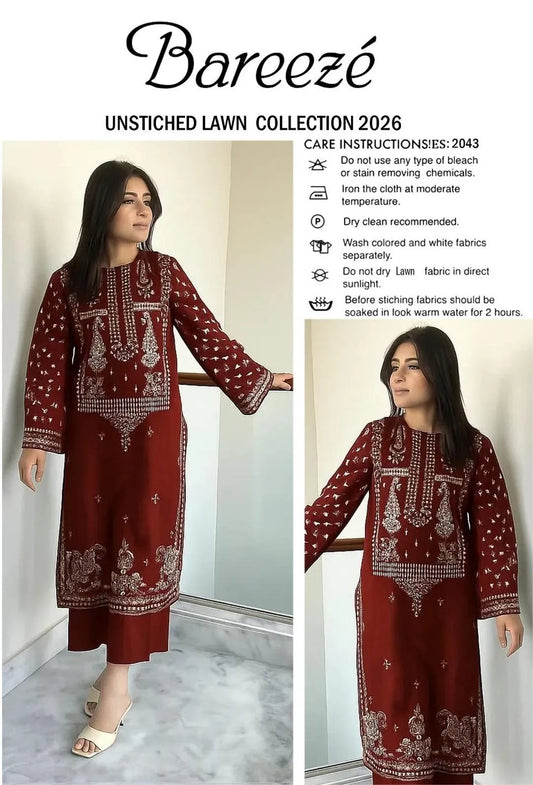 2 Pcs Women Unstitched Embroidered Lawn Suit Maroon