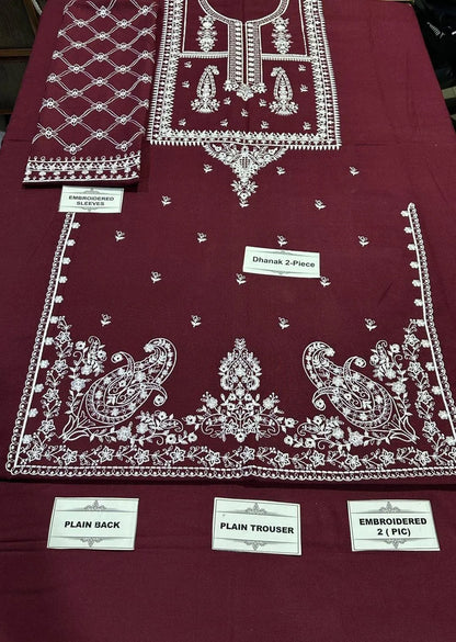 2 Pcs Women Unstitched Embroidered Lawn Suit Maroon