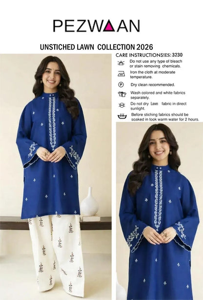 2 Pcs Women Unstitched Embroidered Lawn Suit Brown