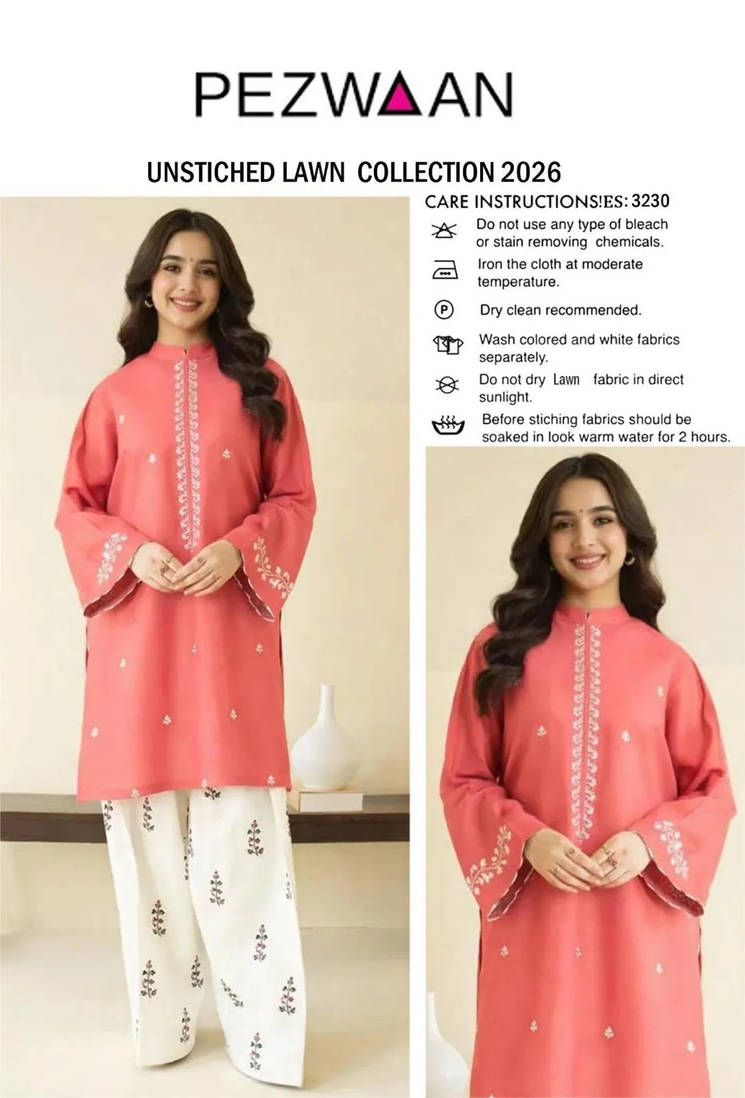 2 Pcs Women Unstitched Embroidered Lawn Suit Brown