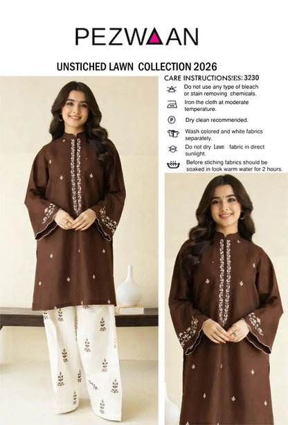 2 Pcs Women Unstitched Embroidered Lawn Suit Brown