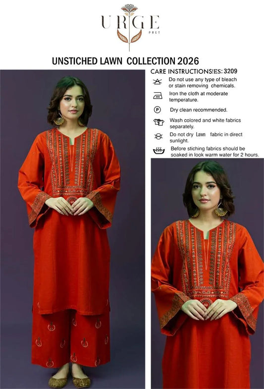 2 Pcs Women's Unstitched Embroidered Suit