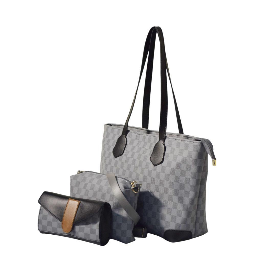 Grey Checkered 3-Piece Women's PU Leather Shoulder Bag Set