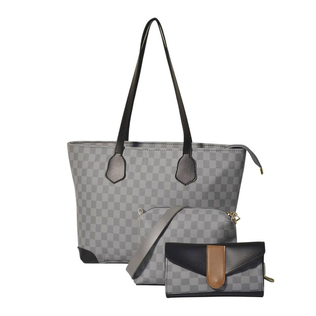 Grey Checkered 3-Piece Women's PU Leather Shoulder Bag Set