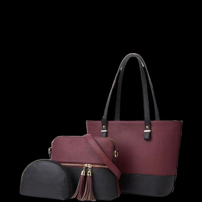 Maroon Black Textured 3-Piece Women's PU Leather Handbag Set