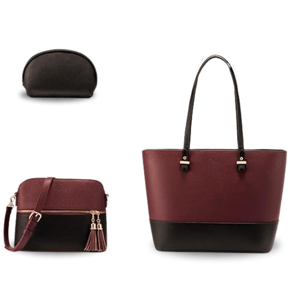 Maroon Black Textured 3-Piece Women's PU Leather Handbag Set